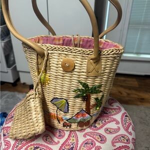 Tropical Embroidered Straw Tote with Tan Handles